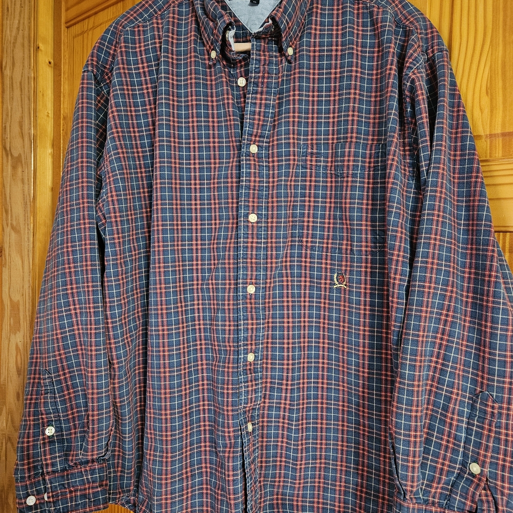 Tommy Hilfiger Navy and Red Plaid Button-Down Shirt